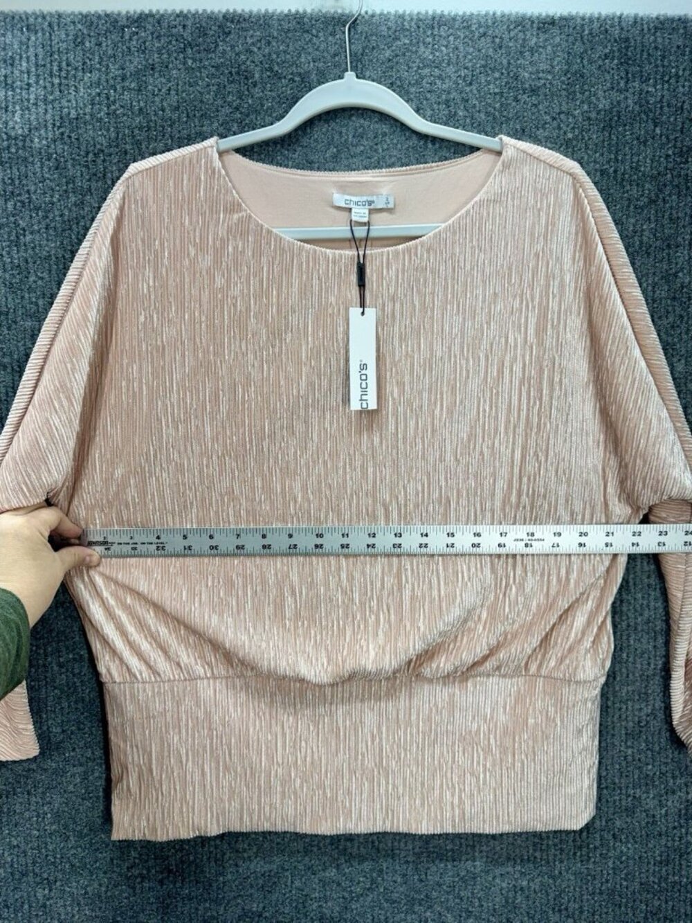Chicos Velvet Crinkle Top Womens 2/Large Rose Pink Banded Bottom Long Sleeve NEW - Picture 9 of 12
